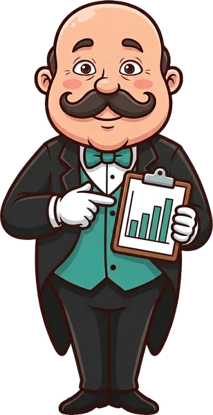 The Nexxus Butler mascot holds up a clipboard with a bar chart